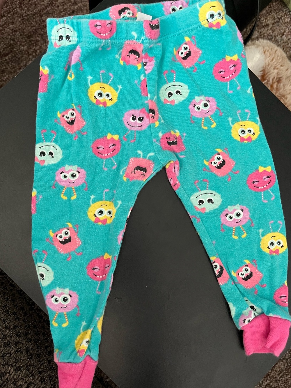 Girls Teal Monster Print Fleece Pajama Pants with Pink Cuffs